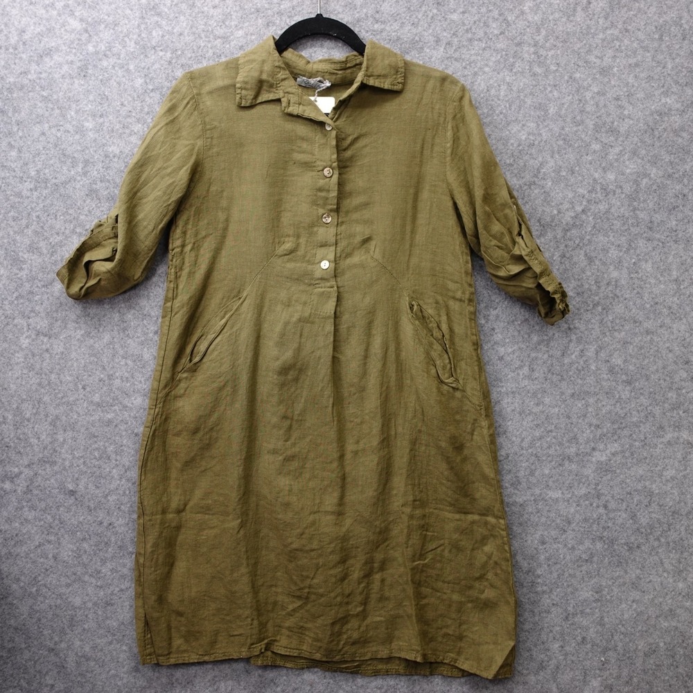 Elena Baldi European Linen Tunic Dress S Army Green Shift Summer Italy Italian